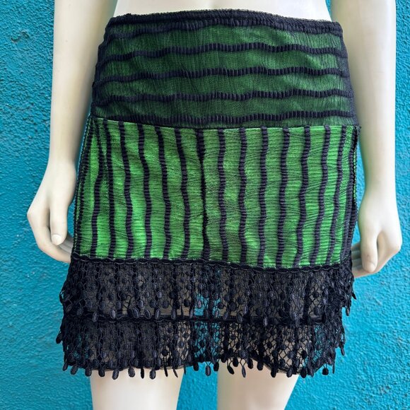 Vintage Catherine Coatney lace mini skirt green black XS S Moulin Rouge look - Picture 2 of 3